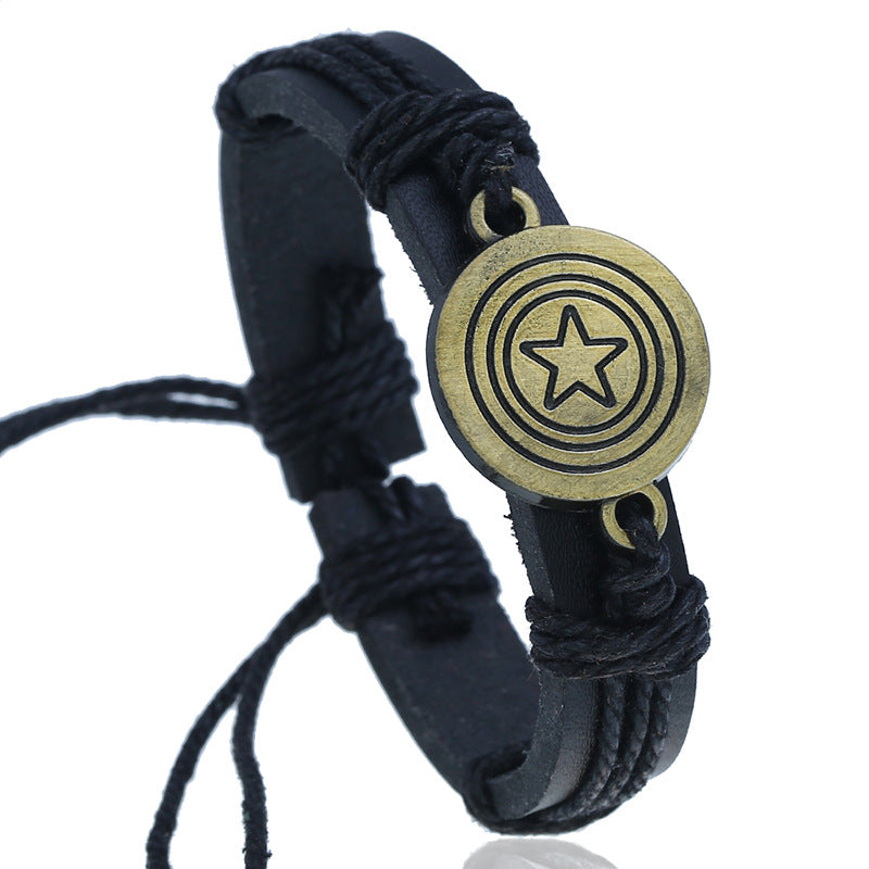 Wholesale Vintage Woven Antique Copper Alloy Pentagram Leather Bracelet